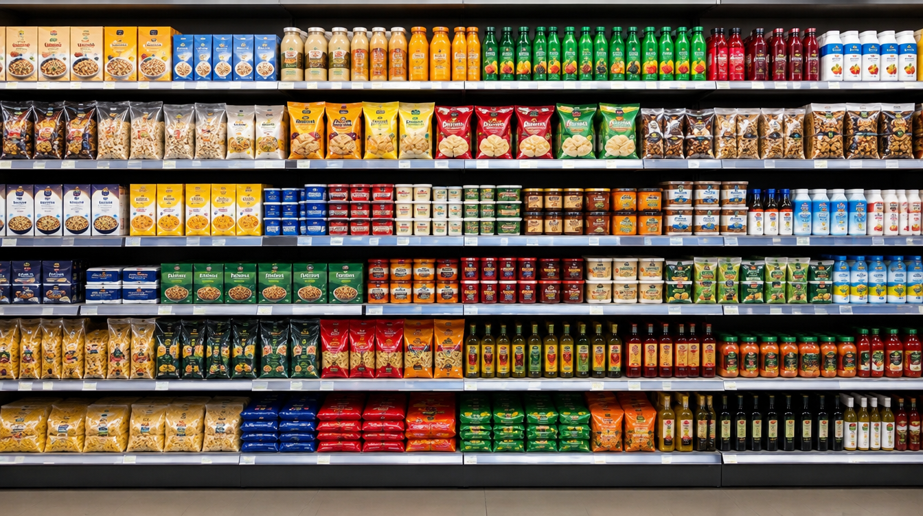 Exemplo de planograma de gôndola com produtos organizados por níveis, categorias e visibilidade.