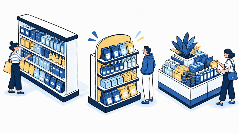 Ilustração editorial comparando gôndola regular, ponta de gôndola e ilha promocional no supermercado.