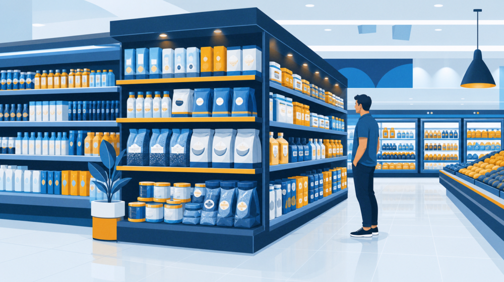 Ilustração editorial de supermercado com gôndolas organizadas, destaque de produtos e consumidor circulando pelos corredores.