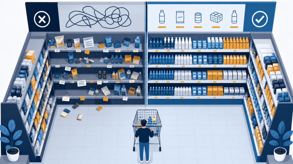 Ilustração editorial mostrando comparação entre exposição desorganizada e exposição planejada, com produtos e etiquetas alinhados.