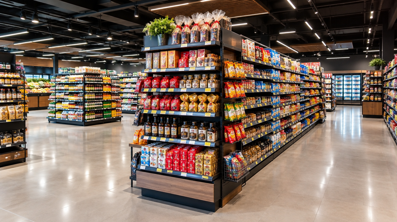 Layout de supermercado com gôndolas centrais, prateleiras de parede e pontas de gôndola organizadas.