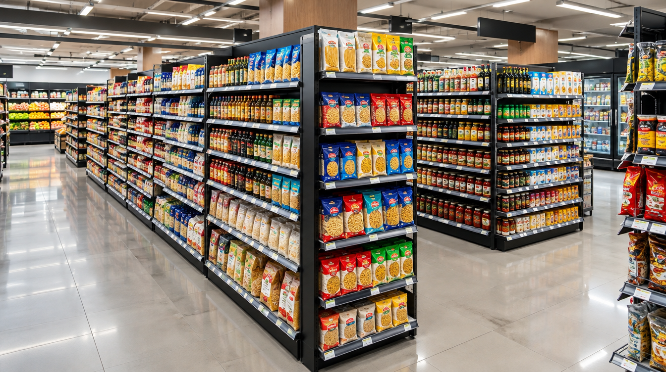 Organização de gôndolas de supermercado com produtos separados por categorias e corredores amplos.